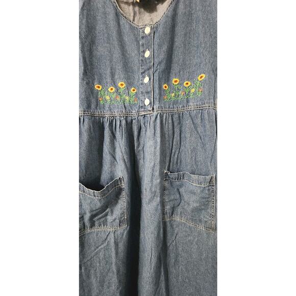 90s Embroidered Sunflower Denim Shirtdress Women's Plus 2X Cotton Cottagecore - Picture 2 of 8
